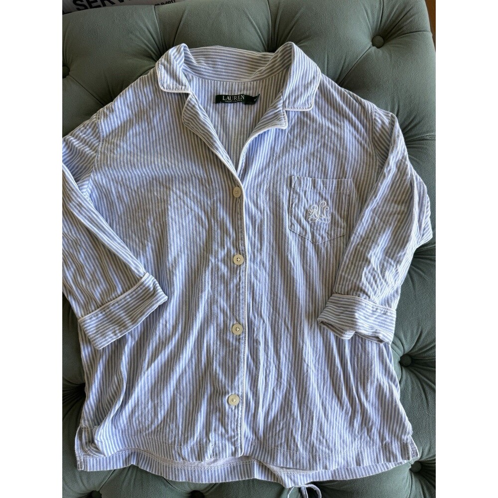 Ralph Lauren Monogrammed Striped Pajamas In Size Medium Blue & White 100 Cotton - Picture 2 of 8